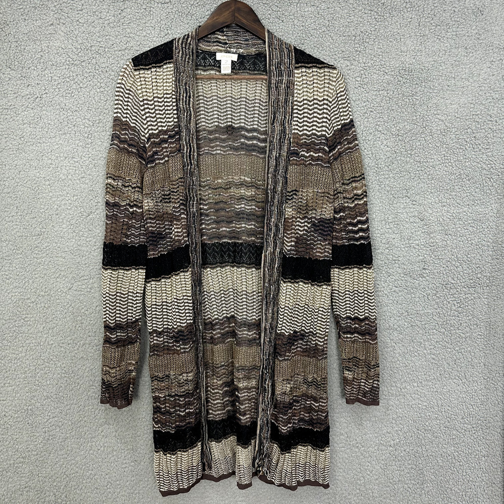 Chicos Cardigan Womens 2 Medium Brown Metallic Weave Open Front Lightweight Boho